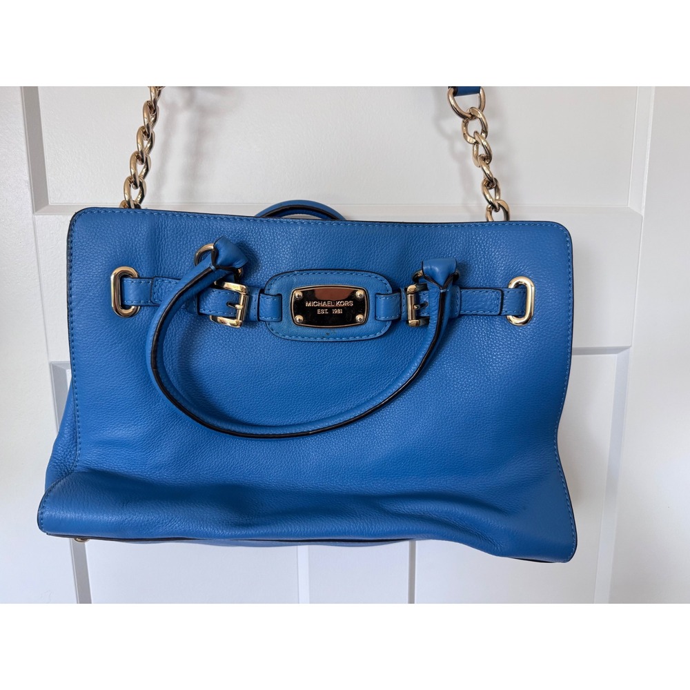 Michael Kors Hamilton Blue Pebbled Leather Satchel Gold Hardware Bag